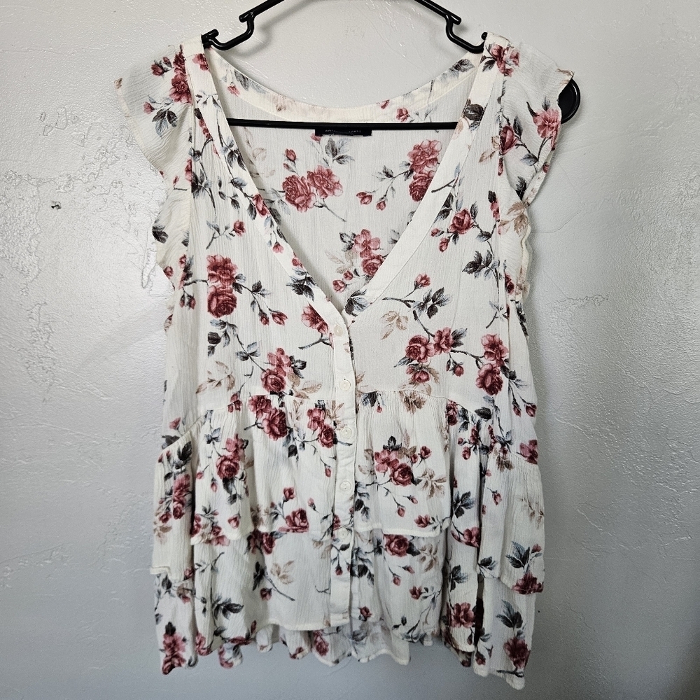 American Eagle Floral Button-Down Women's Small Top Cap Sleeve White Pink Ruffle
